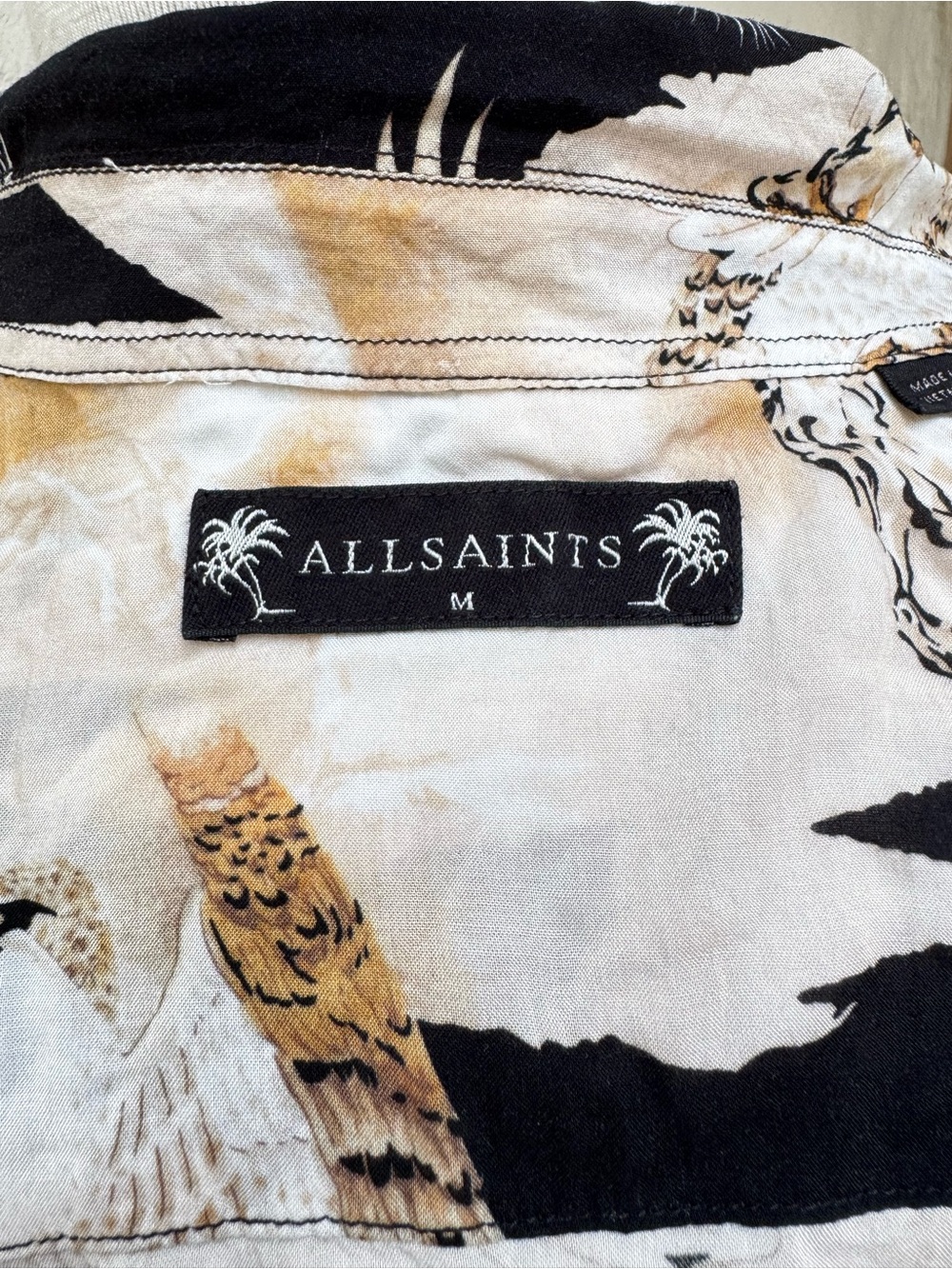 AllSaints Japanese Style Black Cream & Tan Short-Sleeve Graphic Camp Shirt - Picture 5 of 6